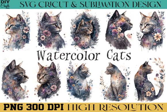 Download Cute Cat Flowers PNG Watercolor Design - Watercolor design Collection
